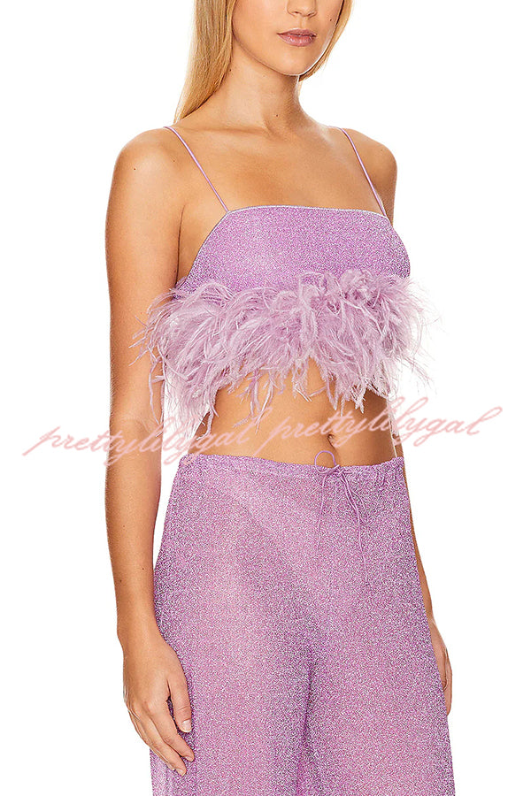 Music Carnival Glitter Stretch Fabric Feather Trim Tank and Elastic Waisted Flared Pants Set