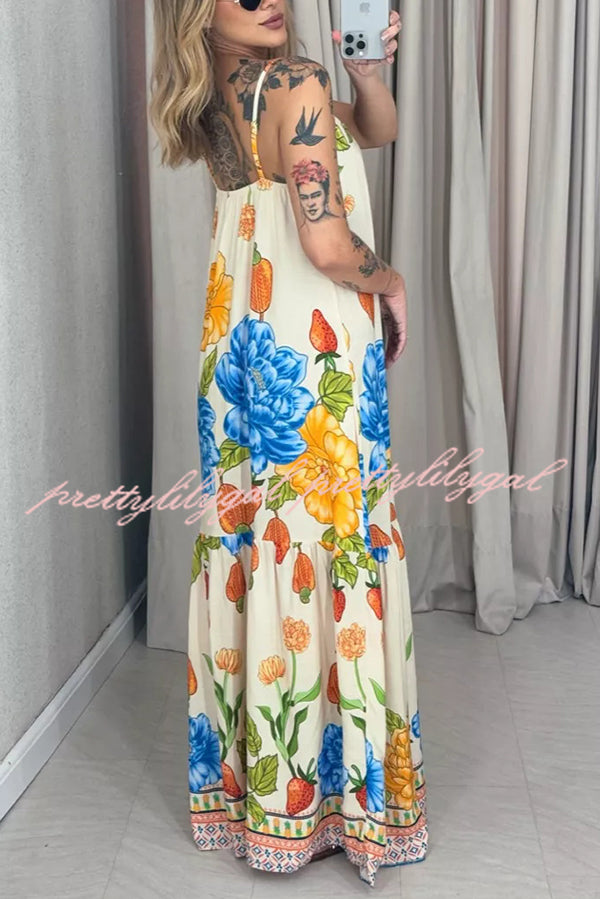 Floral Print Halter Back Loose Pocket Full Hem Maxi Dress