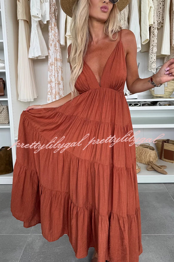 Bohemian Style V-neck Backless Slip Layered Vacation Maxi Dress
