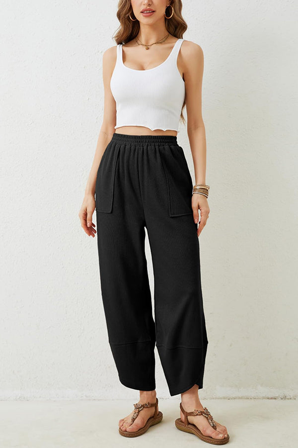 Solid Color Casual Elastic Waistband Wide-leg Pants