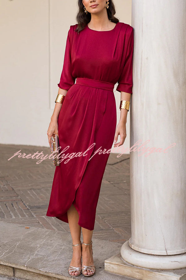 Satin Solid Color Round Neck Half Sleeve Waist Midi Dress