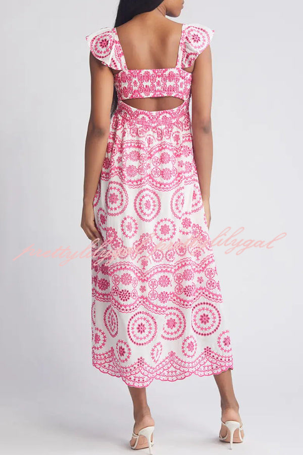 Darling & Dainty Embroidery Style Unique Print Smocked Midi Dress