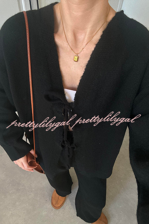 Solid Color V-neck Tie Long-sleeved Loose Knit Cardigan and Elastic Waist Casual Straight Leg Pants Set