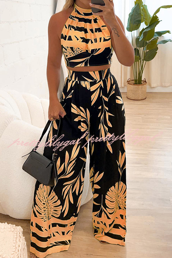 Botanical Print Halterneck Crop Top and Casual High-waist Wide-leg Pants Set