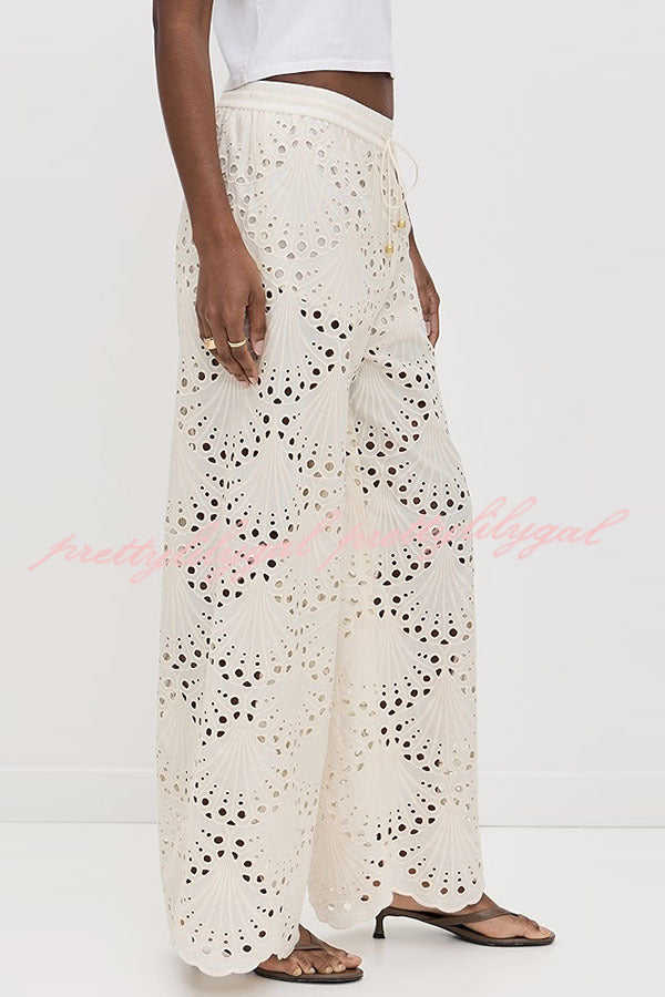 Lillah Embroidered Lace Shell Pattern Elastic Waist Pocket Wide Leg Pants