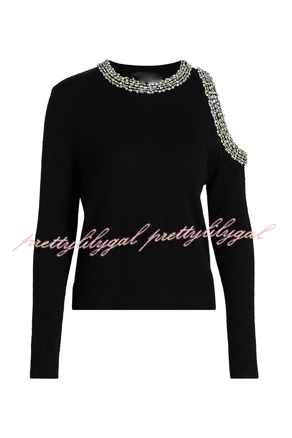 Holiday Party Knit Crystal-Embellished Cut-out Shoulder Long Sleeve Top