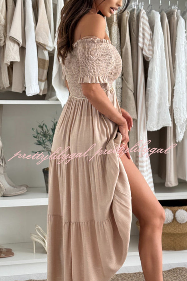 Solid Color Off-the-shoulder Pleated Waist Midi Dress