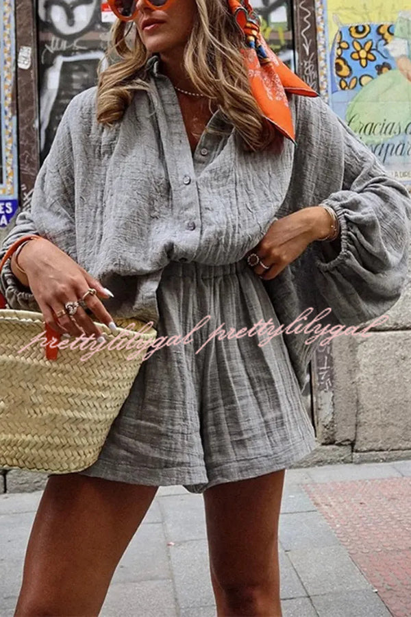 Solid Color Lapel Long Sleeve Loose Shirt and Elastic Waist Casual Pocket Shorts Set