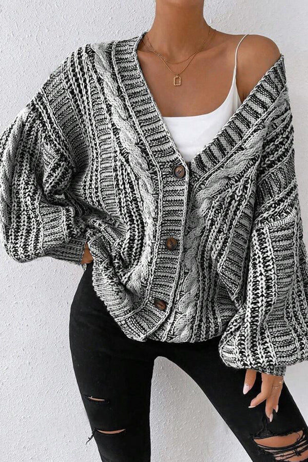 Fashionable Mixed-color Loose-fitting Lantern Sleeve Mid-length Knitted Cardigan
