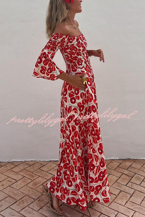 Close To The Vacation Floral Print Smocked Off Shoulder Pocketed Maxi Dress