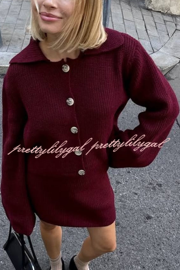 Fashion Lapel Bell Sleeve Knitted Cardigan and Casual Mini Skirt Set