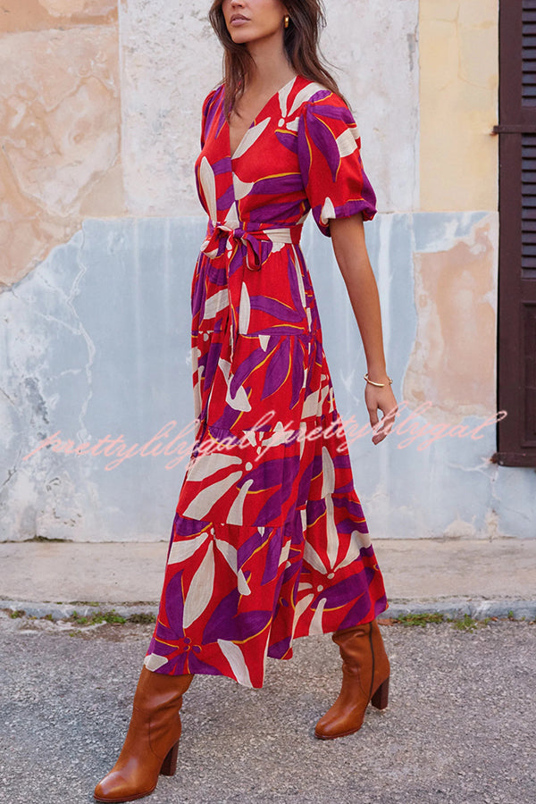 Unique Printed Waist Lace Up Slit Maxi Dress