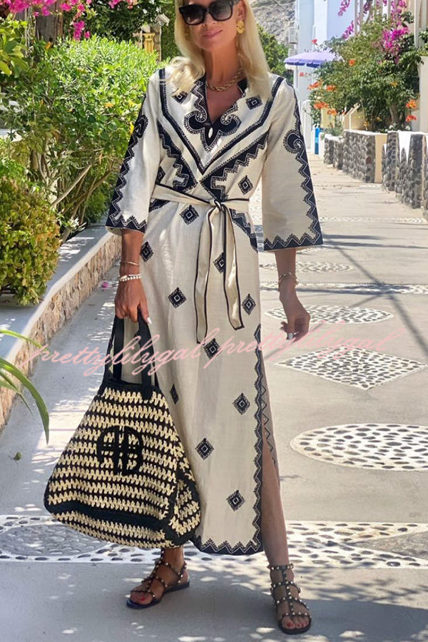 Quiet Atmosphere Linen Blend Ethnic Print Belted Midi Dress prettylilygal Quiet Atmosphere Linen Blend Ethnic Print Belted Midi Dress prettylilygal