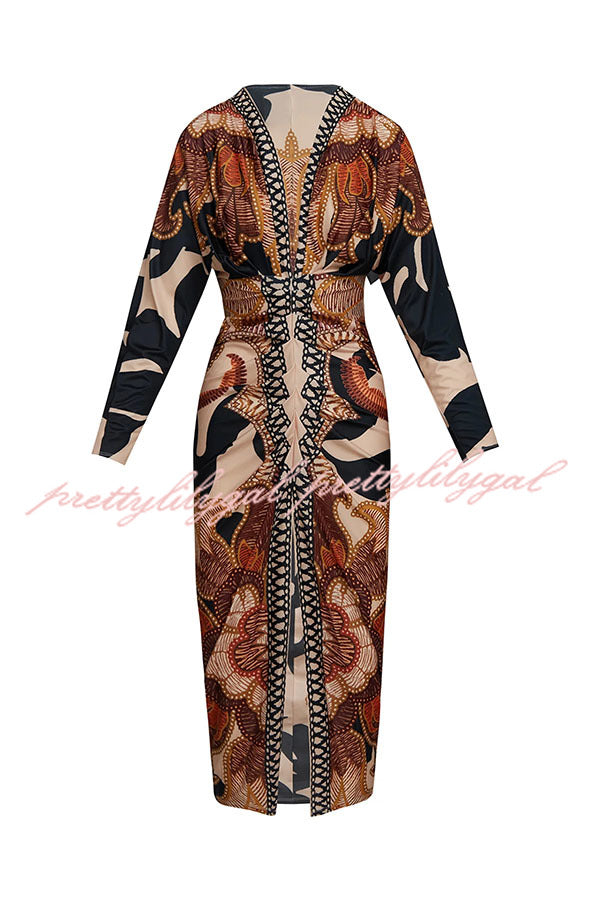 Verra Unique Print Dolman Long Sleeve Ruched Slit Midi Dress