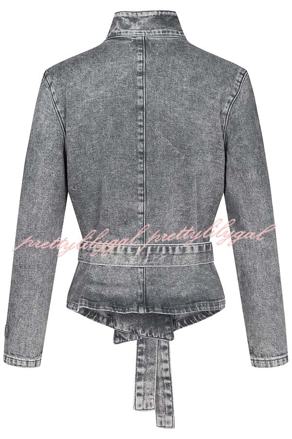 Casual Meetup Denim Stand Neck Long Sleeve Belted Loose Jacket
