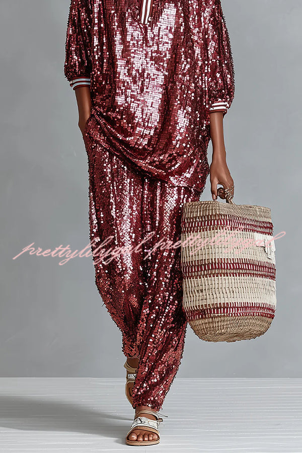 Holiday Honey Sequin Striped Trim Half Sleeve Loose Shirt and Elastic Waist Pocket Wide Leg Pants Set