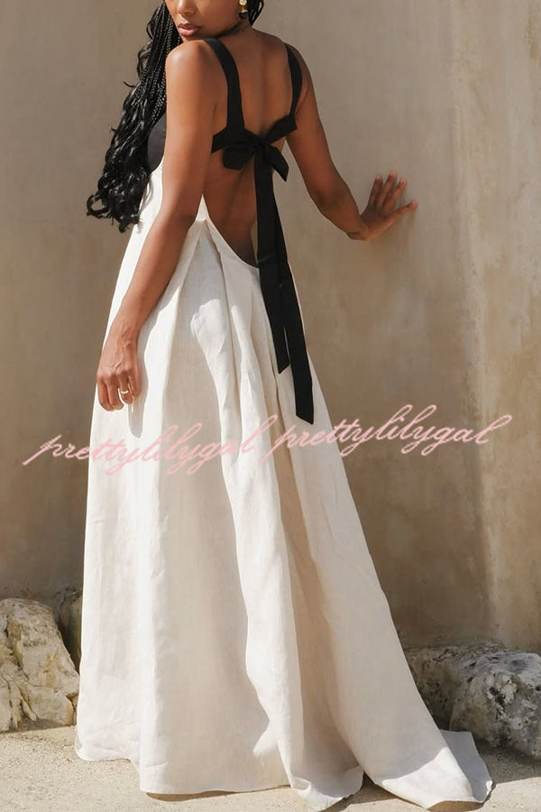 Jordina Linen Blend Colorblock Cups Backless Tie-up Loose Maxi Dress