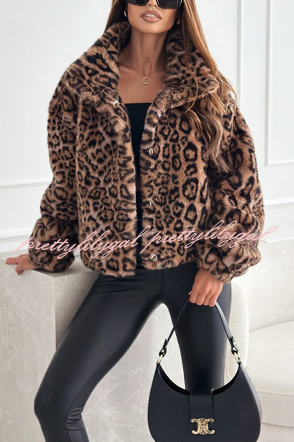 Stylish Leopard Print Lapel Long Sleeve Short Coat