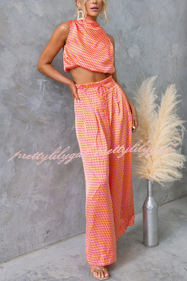 Girls Night Satin Printed High Neck Top and Elastic Tie-up Waist Pocket Wide Leg Pants Set