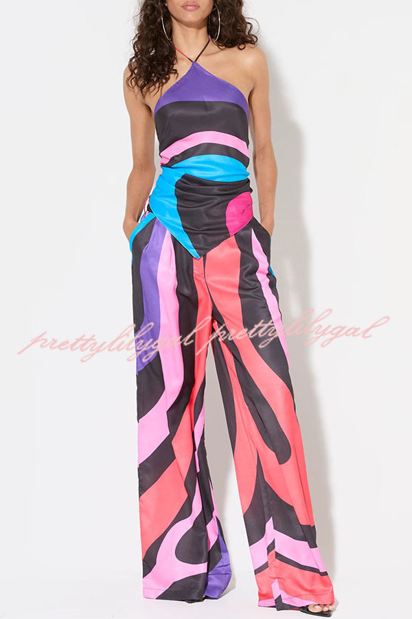 Jodie Unique Print Halter Scarf Tank and Elastic Waist Pocketed Wide Pants Set