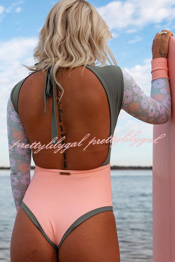 Floral Print Paneled Long-sleeved Open Back Stretch One-piece Swimsuit