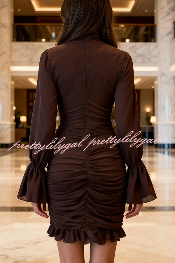 Sexy See-through Tulle High-neck Waist Pleated Ruffle Mini Dress