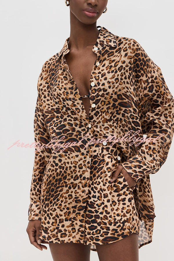Trisha Linen Blend Leopard Print Long Sleeve Blouse and Elastic Waist Pocket Loose Shorts Set