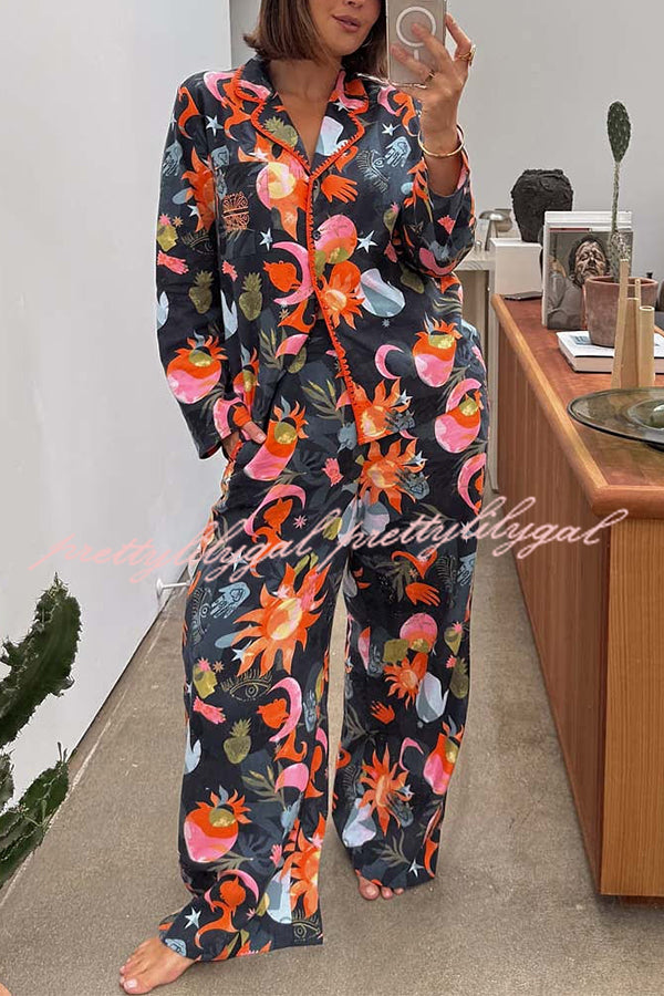 Evening Routine Unique Print Color-block Trim Loose Shirt and Elastic Waist Pocketed Pajama Set