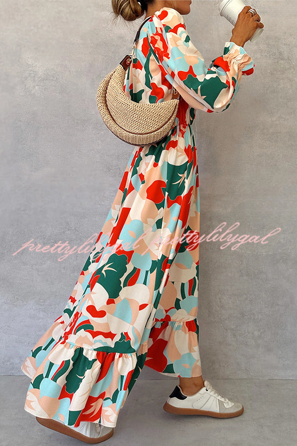 Colorful Printed V-neck Waist High Slit Ruffled Maxi Dress