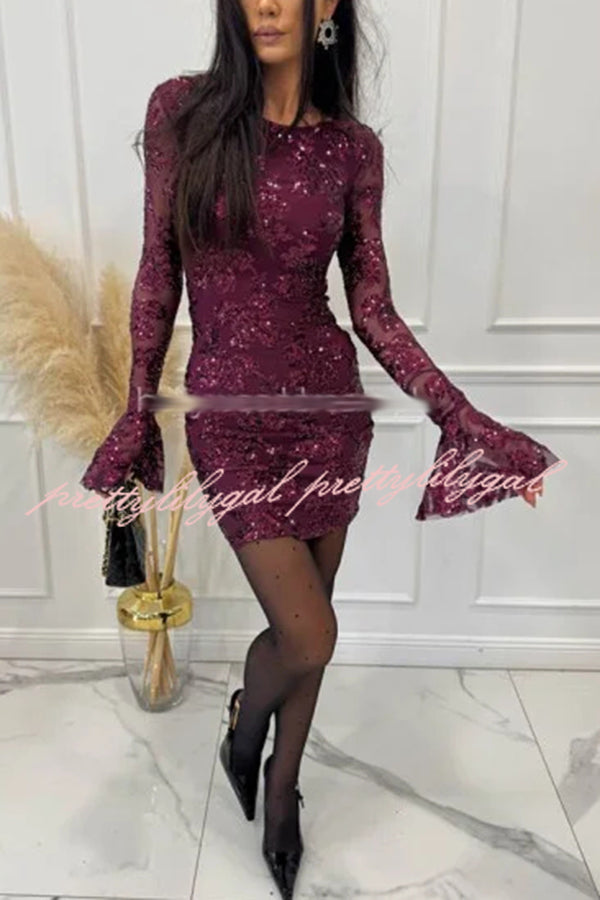 Deep and Dazzling Floral Texture Sequin Long Bell Sleeve Open Back Mini Dress