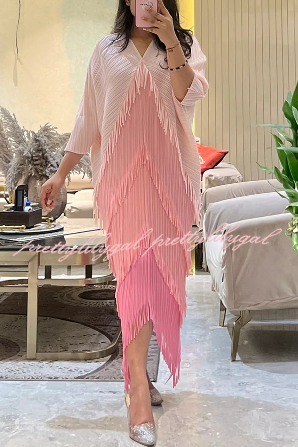 Fashionable Color-blocked Multi-layered Tassel Loose Midi Dress