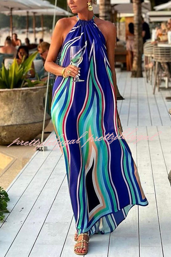 Phuket Dinner Colorful Wave Print Tassel Halter Maxi Dress