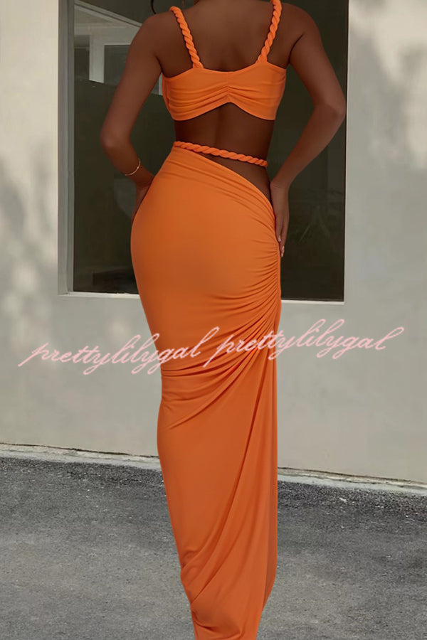 Sexy Halter Back Braided Suspender Top and Beach Holiday Style Hip-wrapped Maxi Skirt Set
