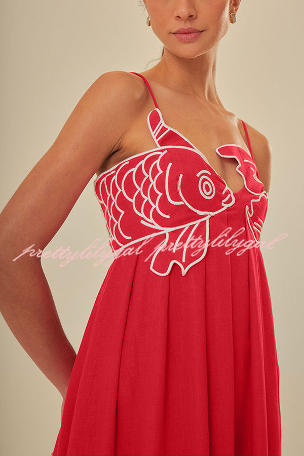 Red Fish Embroidered Sling Backless Maxi Dress