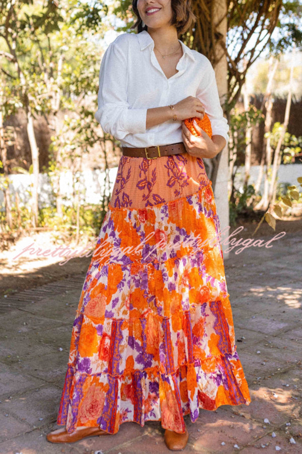 Resort Style Floral Print Elastic Waist Loose Stitching Maxi Skirt
