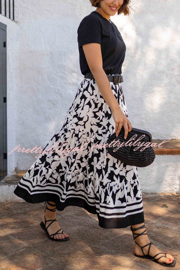 Resort Style Botanical Print Elastic Waist Loose Stitching Midi Skirt