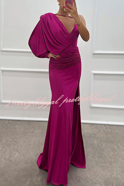 Like Venus One Shoulder Bat Sleeve Ruched Detail Slit Gown Maxi Dress