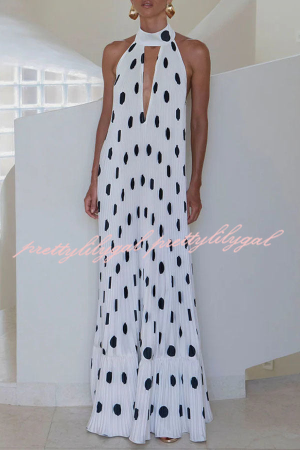 Really Special Pleated Polka Dot Print High Halter Neck A-line Maxi Dress