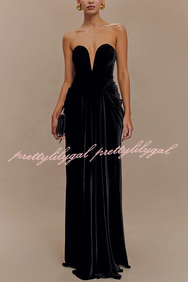 Paige Velvet Off Shoulder Side Pleated Hip Drape Maxi Dress