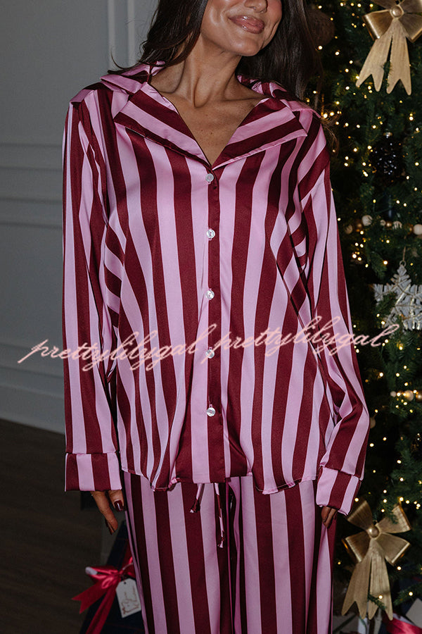 Courtney Satin Colorblock Striped Loose Shirt and Elastic Waist Pocketed Pajama Set