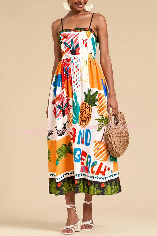 Unique Printed Sling Back Pleated Holiday Midi Dress