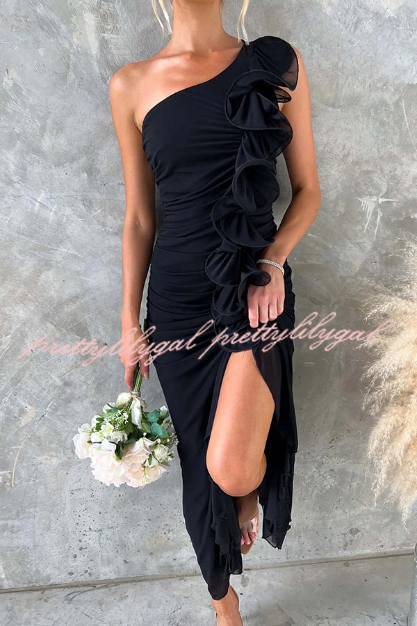 Fashion One-shoulder Pleated Sexy High Slit Slim Dress