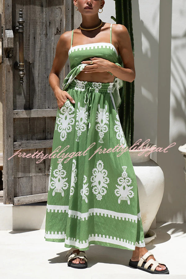 Unique Ethnic Print Suspender Pleated Top and Elastic Waist Loose Wide-leg Pants Set