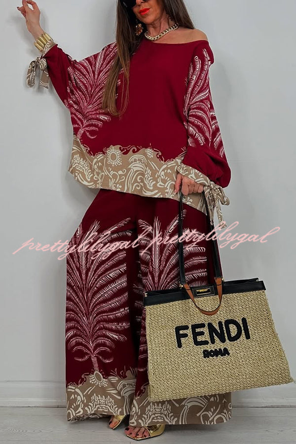 Unique Print Loose Drawstring Long Sleeve Top and Elastic Waist Casual Pocket Wide Leg Pants Set