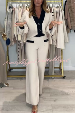 Fashion Contrast Color V-neck Loose Cardigan and Elastic Waist Casual Pants Set