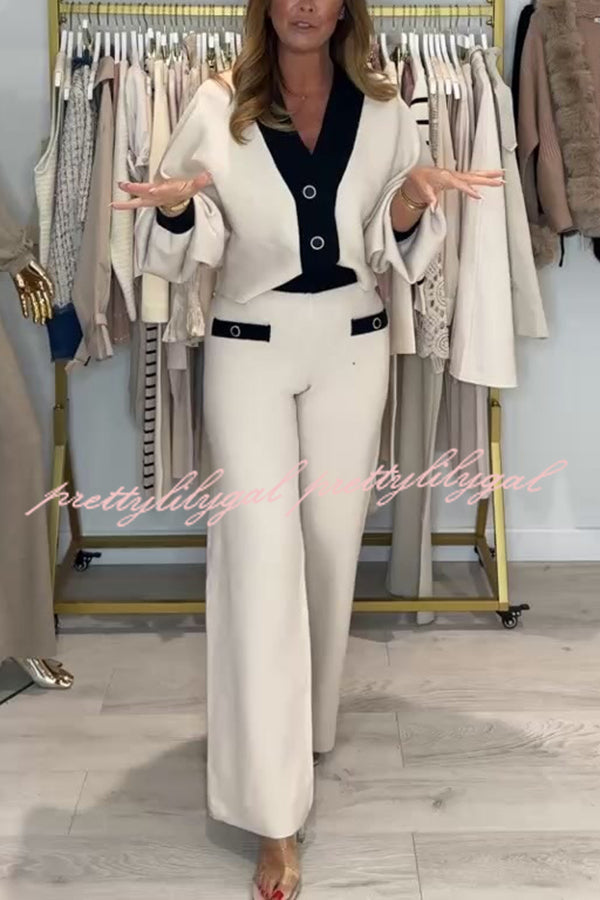 Fashion Contrast Color V-neck Loose Cardigan and Elastic Waist Casual Pants Set