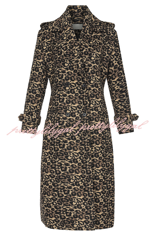 Leopard Affair Animal Print Epaulettes Long Sleeve Pocketed Lapel Midi Trench Coat
