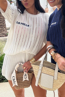Fashionable Hollow Knit Short-sleeved Top and Elastic High-waist Casual Shorts Set