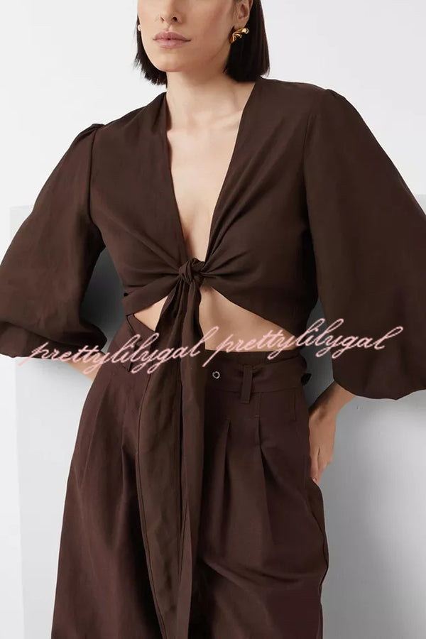 Lets Go Out Linen Blend Balloon Sleeve Wrap Tie-up Loose Top
