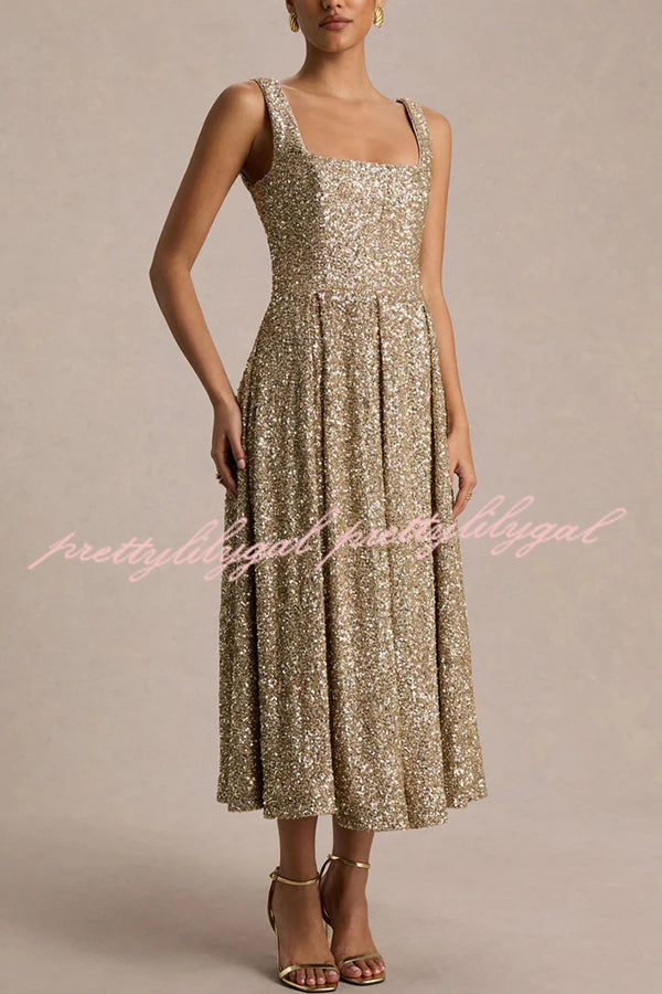 Effortless Sparkle Sequin Square Neck Wide Strap A-Line Midi Dress